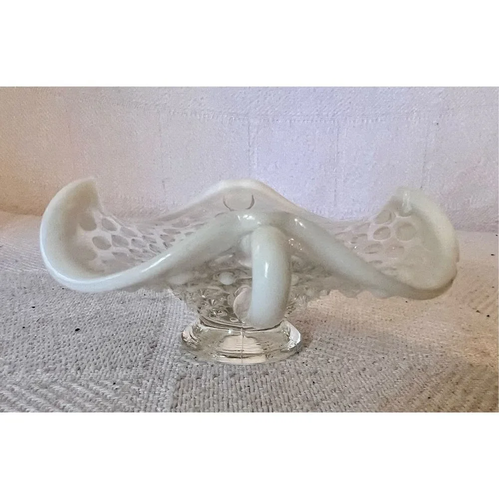 Vintage FENTON Art Glass Handles French Moonstone Opalescent Hobnail CANDY DISH